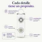 Partes de la alarma: aro de activación, luz estroboscópica, altavoz de 130 dB y carga USB-C